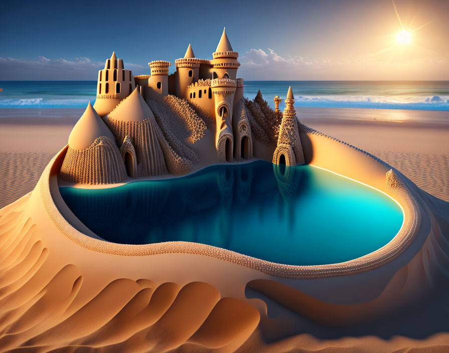 Intricate sandcastle with towers and turrets by blue pool in desert sunset