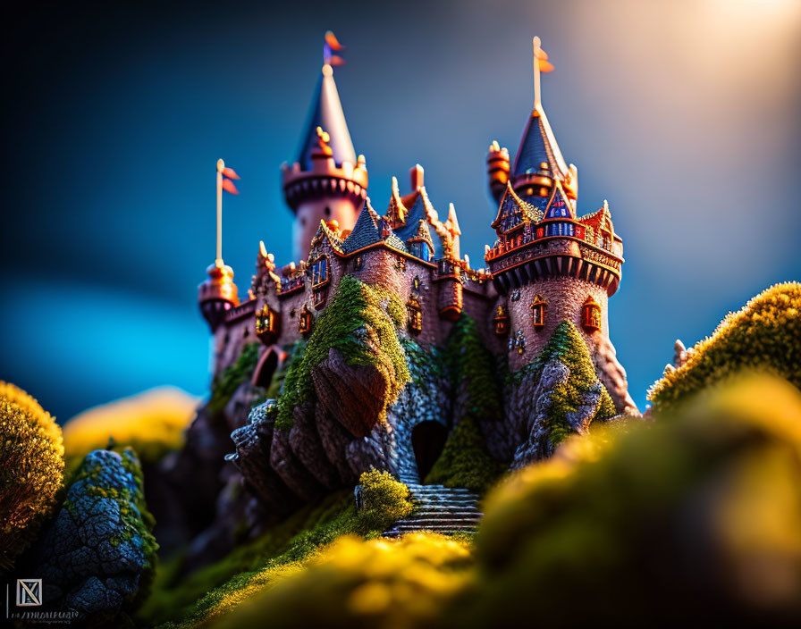 Colorful miniature fairy tale castle in lush green landscape