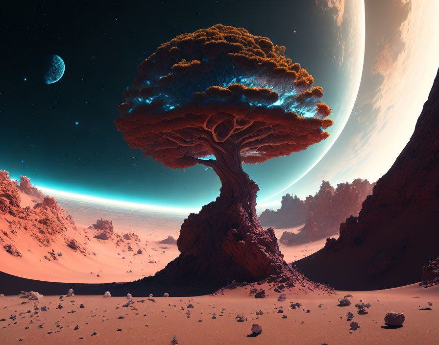 Giant glowing tree on alien desert planet under starry sky