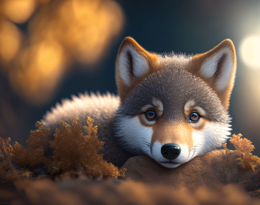 Fox resting in golden foliage under warm light