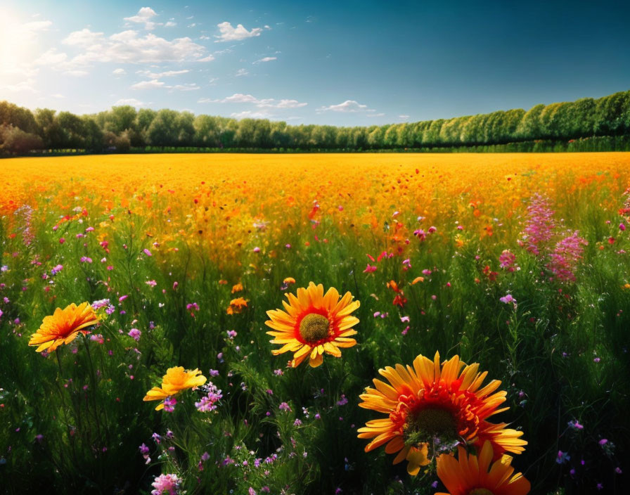 Colorful Wildflower Field Under Blue Sky and Fluffy Clouds