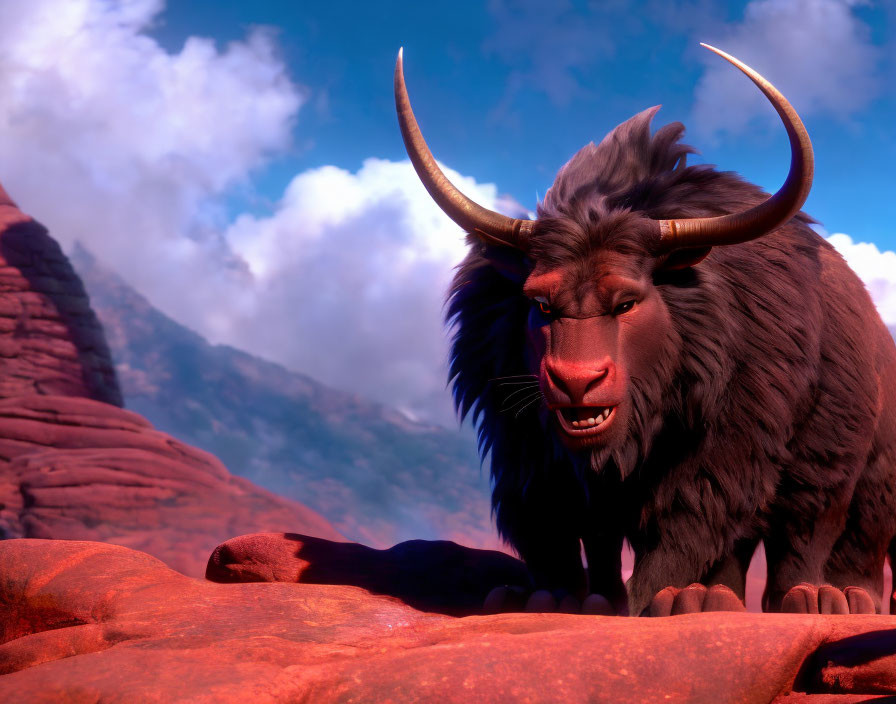 Animated yak with large horns on rocky terrain under blue sky