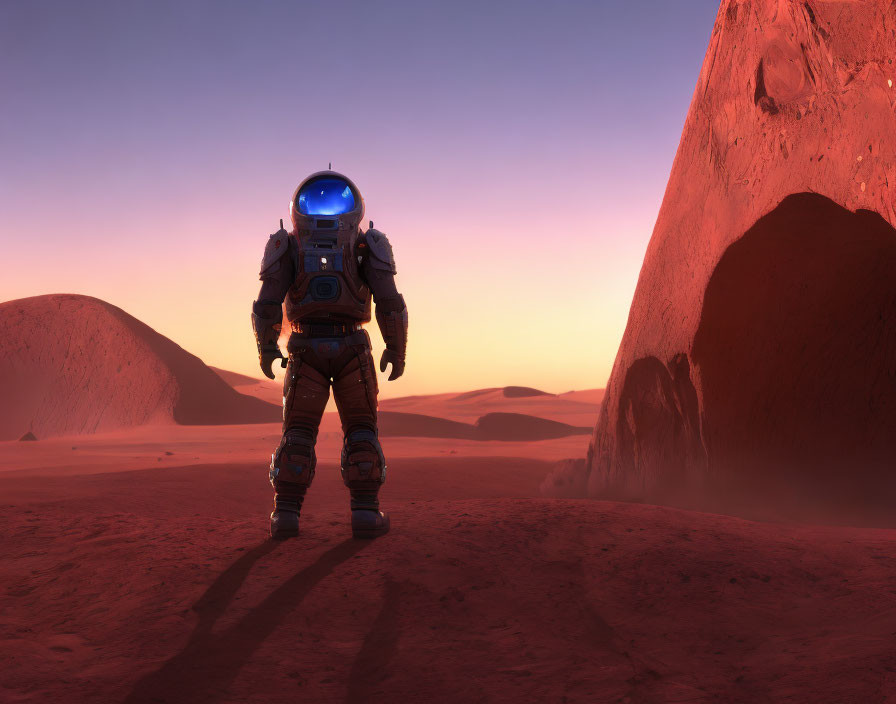 Astronaut on Red Alien Landscape with Glowing Visor at Sunset