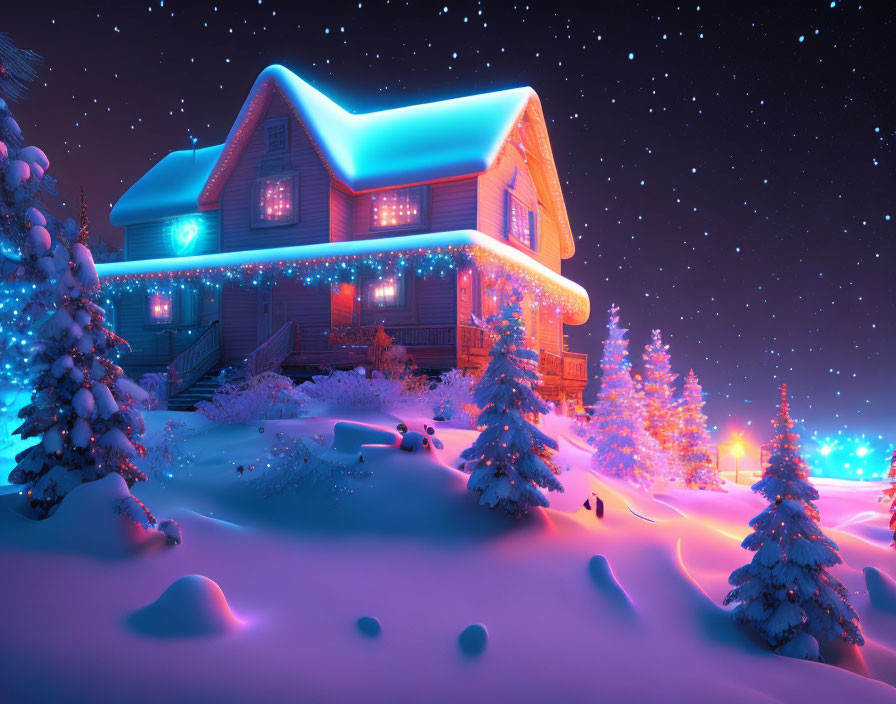 Snow-covered house with blue lights in starry night scene.