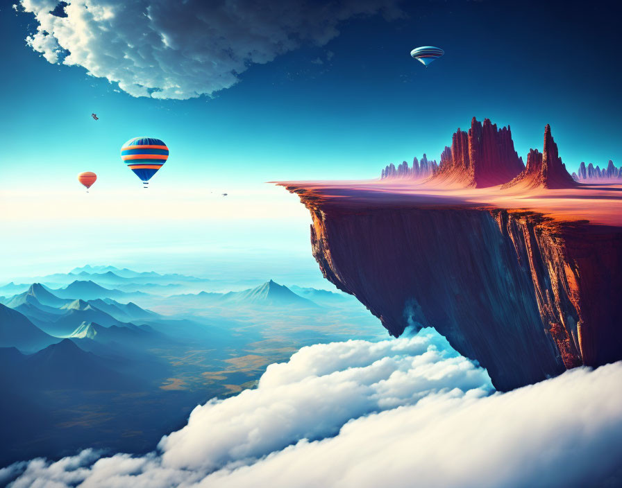 Colorful hot air balloons and floating islands in surreal landscape