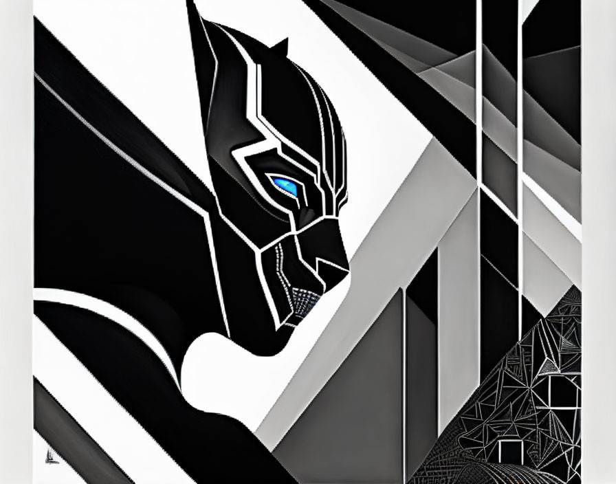 Abstract Black Panther Superhero Mask Artwork in Black & White