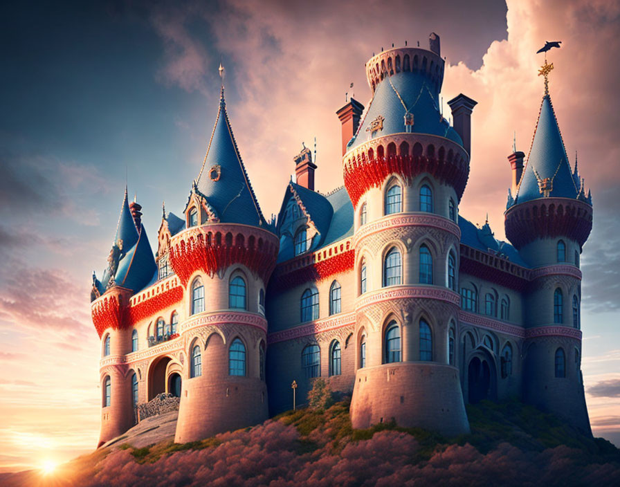 Blue-roofed fairy tale castle on hill under pastel sky