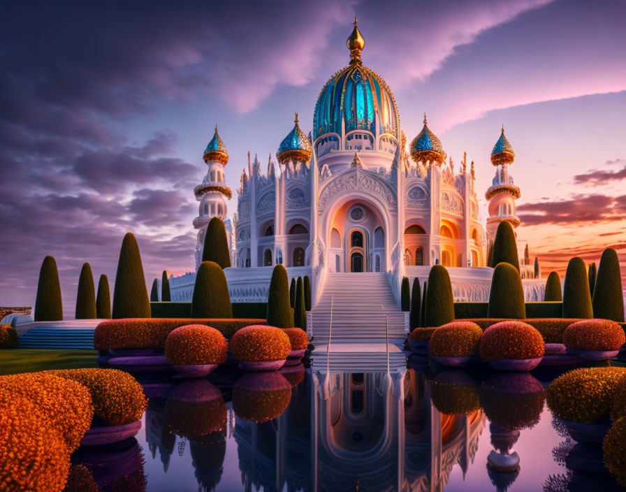 Fantasy-style palace with blue domes under purple sunset sky reflected in serene water.