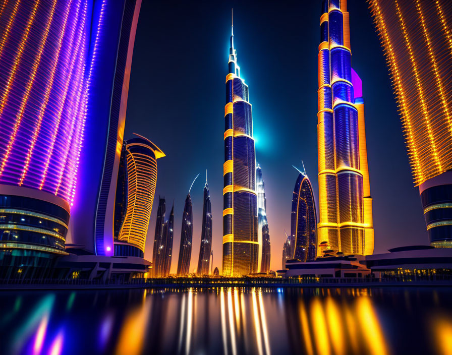 Illuminated Skyscrapers Reflecting on Water at Night