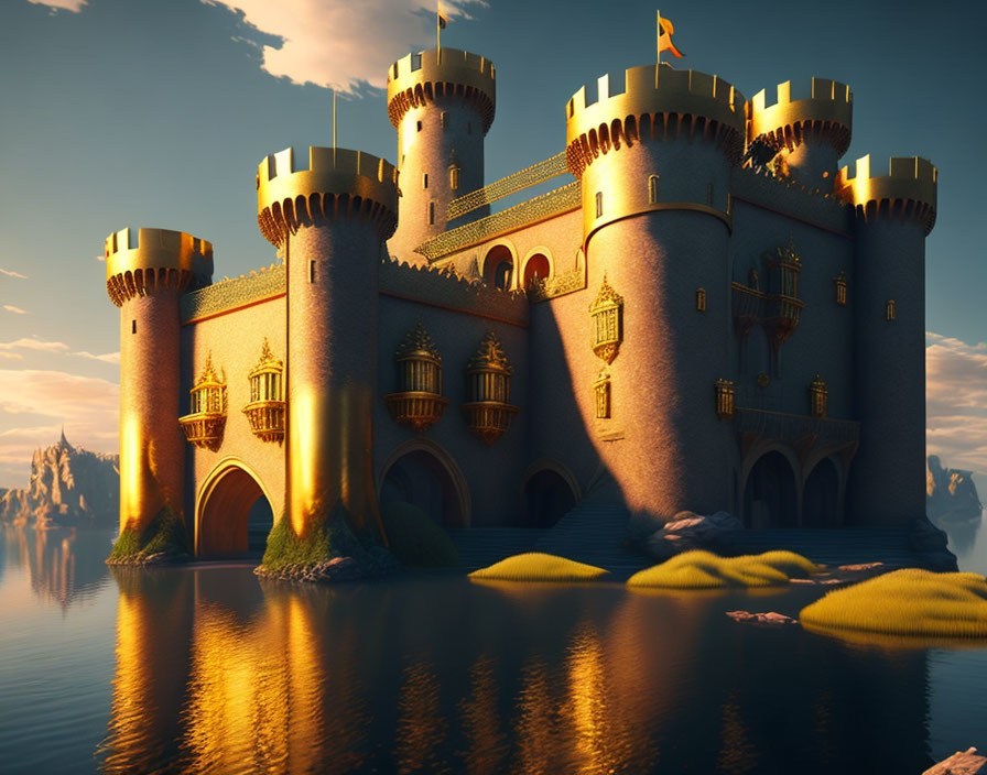 Castle with Cylindrical Towers in Golden Sunset Light