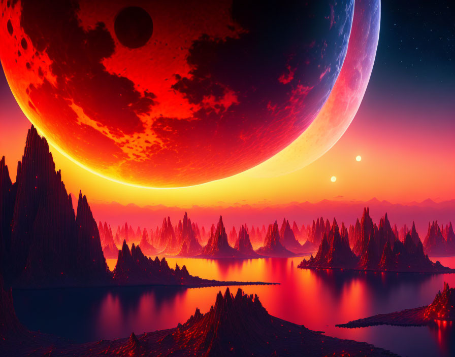 Digital artwork: Otherworldly landscape with rocky formations, reflective water, and red planet.