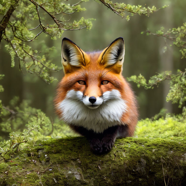 Alert red fox on mossy log in forest