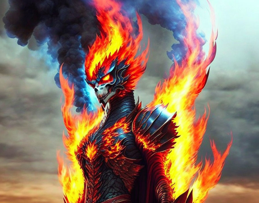 Fantastical figure in flaming armor surrounded by fire and smoke