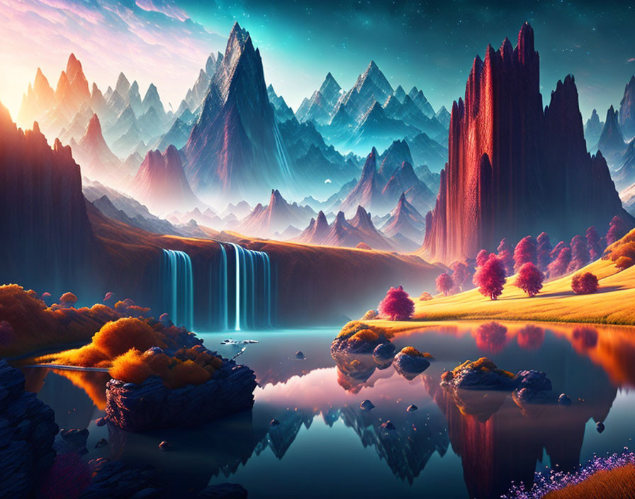 Majestic fantasy landscape with waterfalls, mountains, foliage, and serene lake