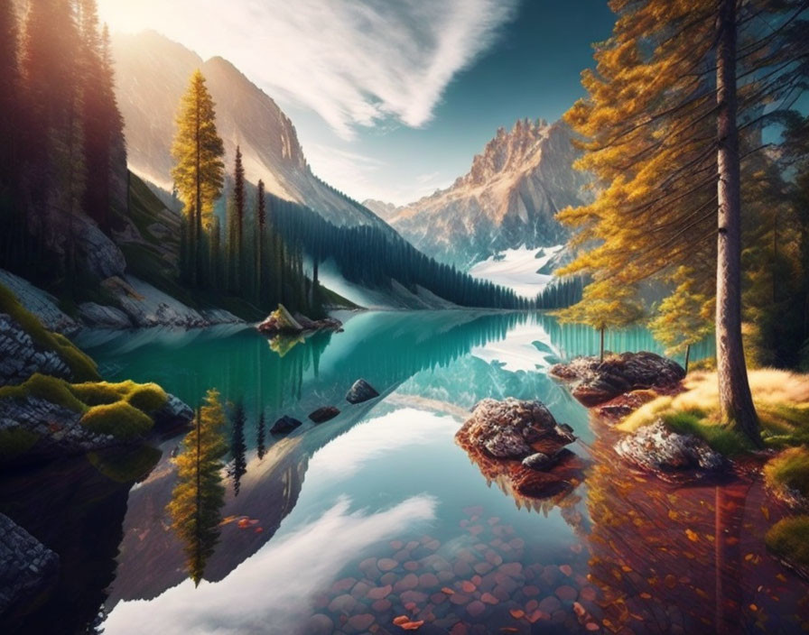 Serene lake with turquoise waters, forest, and mountain peaks