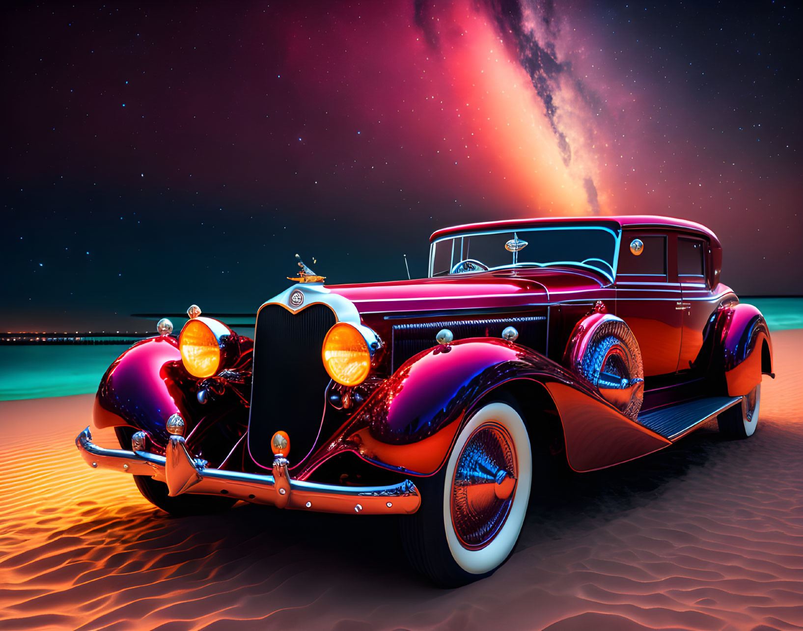 Vintage Car with Glossy Paint under Starry Sky and Colorful Aurora on Sandy Beach at Twilight