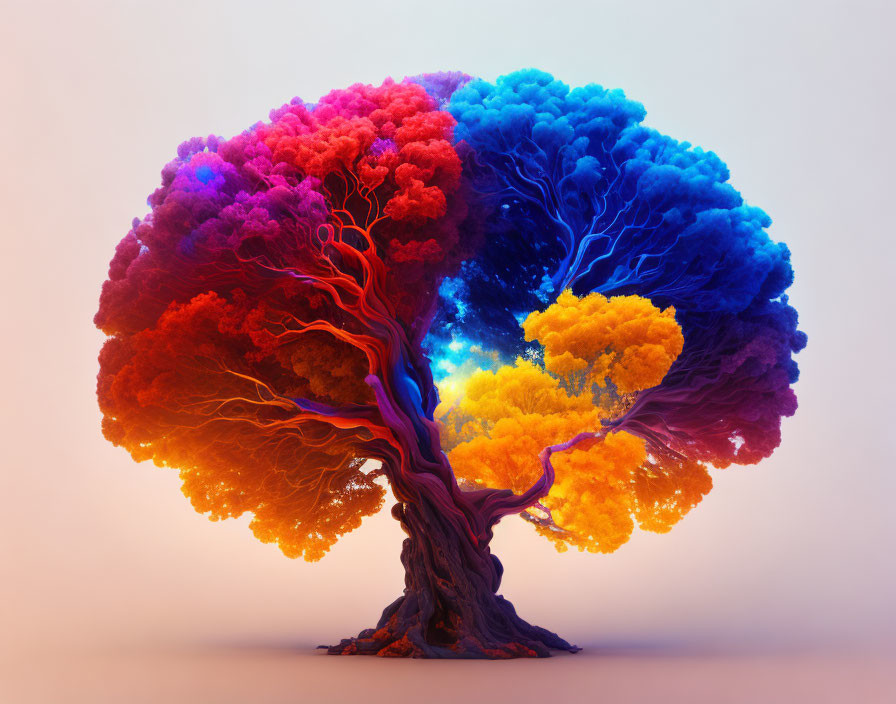 Multicolored tree with brain-like branches in red, orange, yellow, and blue