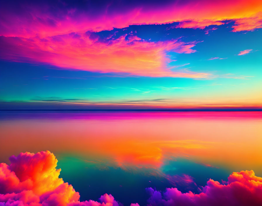 Colorful surreal sunset over tranquil water with fluffy clouds