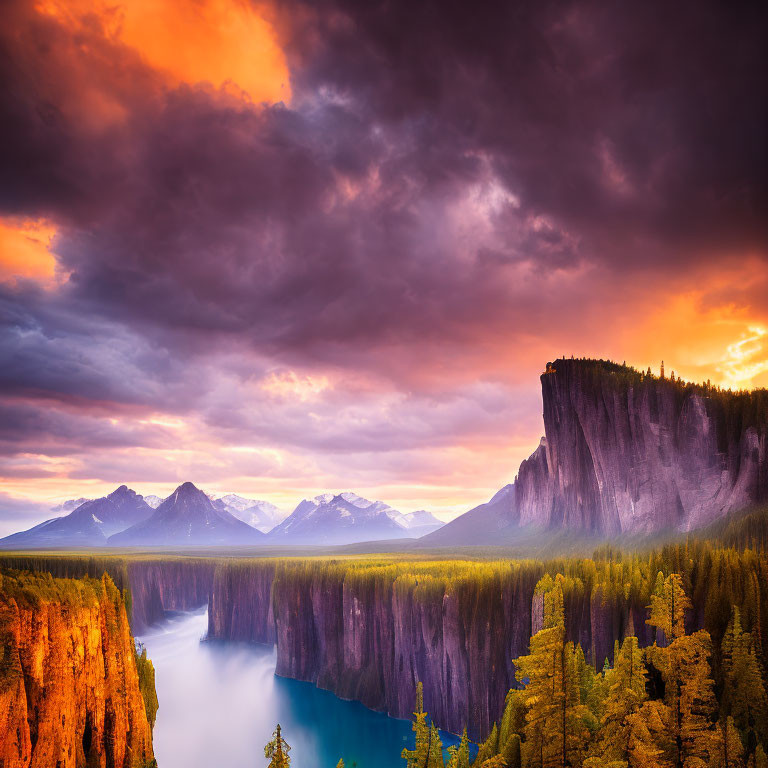 Dramatic Cliff Sunset with Misty River Valley