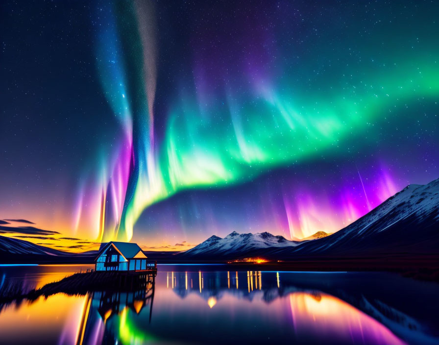 Colorful Aurora Borealis Over Mountain Hut and Lake