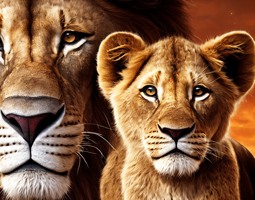 Close-up Image: Two Lions in Orange Sky, Mature Male with Mane and Younger Lion without Mane