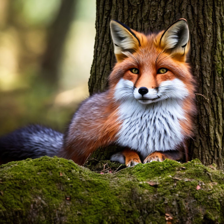 Red Fox Resting Near Tree in Vibrant Forest Scene