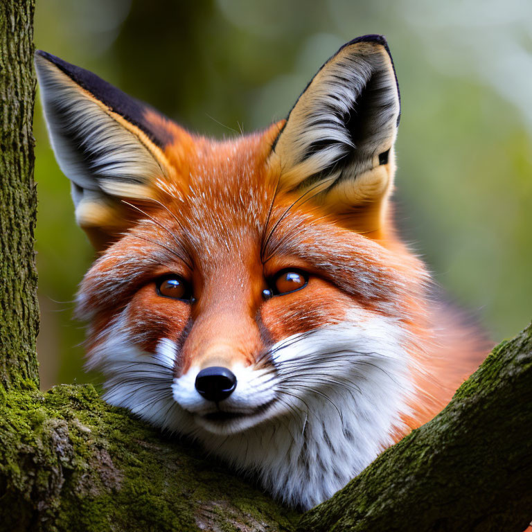 Red Fox Peeking Through Tree Branches with Intense Eyes