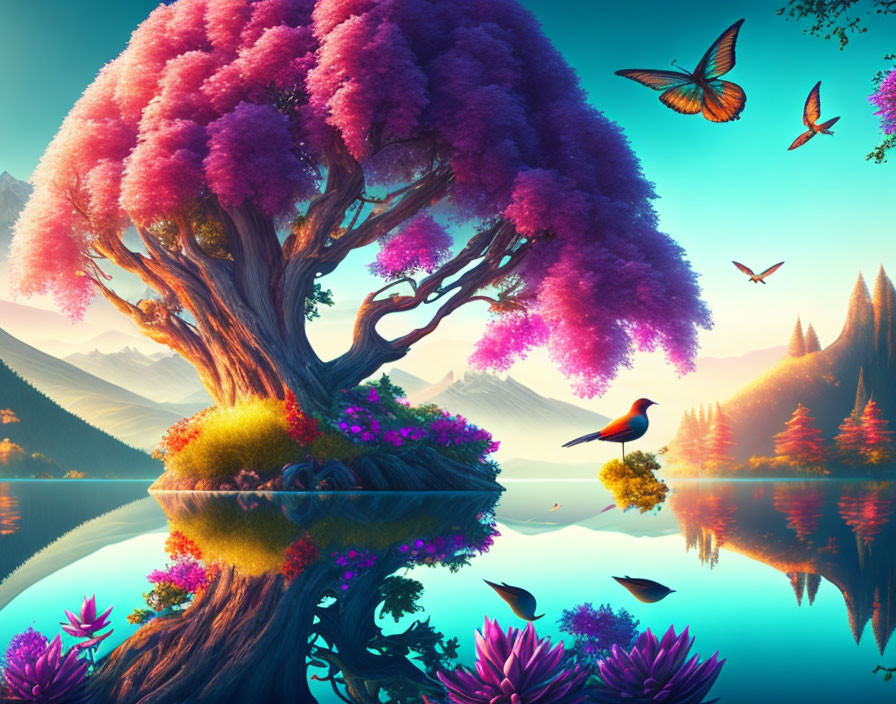 Colorful fantasy landscape with pink tree, butterflies, and mountain reflection