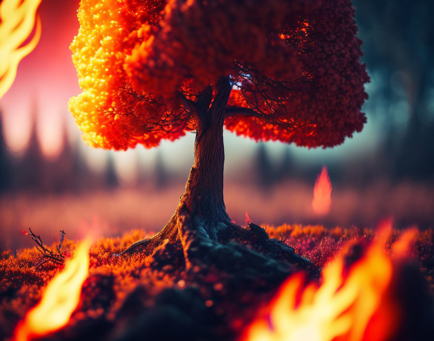 Vibrant orange canopy tree in fiery landscape with flames and warm red glow