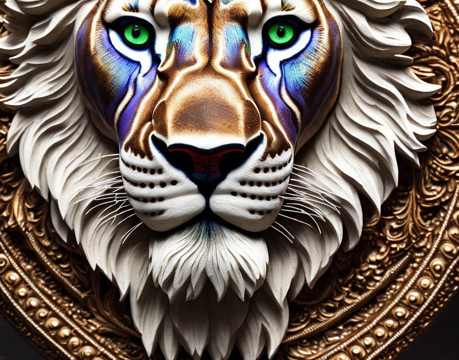 Detailed digital artwork: Lion's face with intense green eyes in golden circular frame