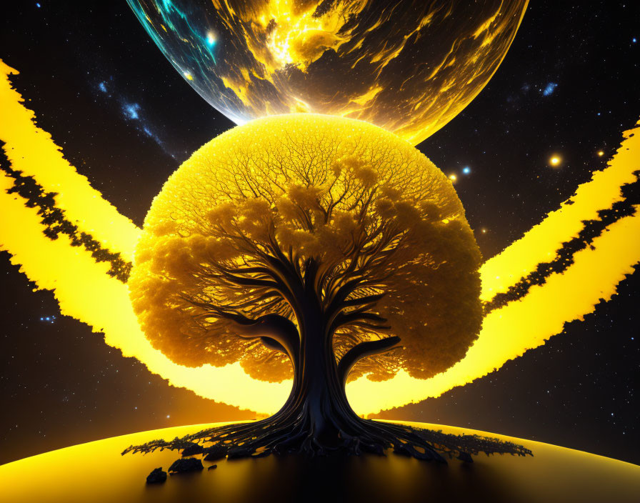 Surreal artwork featuring majestic tree with golden crown and celestial bodies