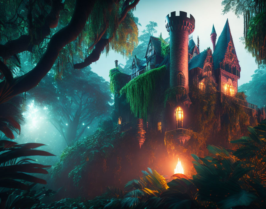 Enchanted castle in mystical foggy forest with glowing lights at twilight