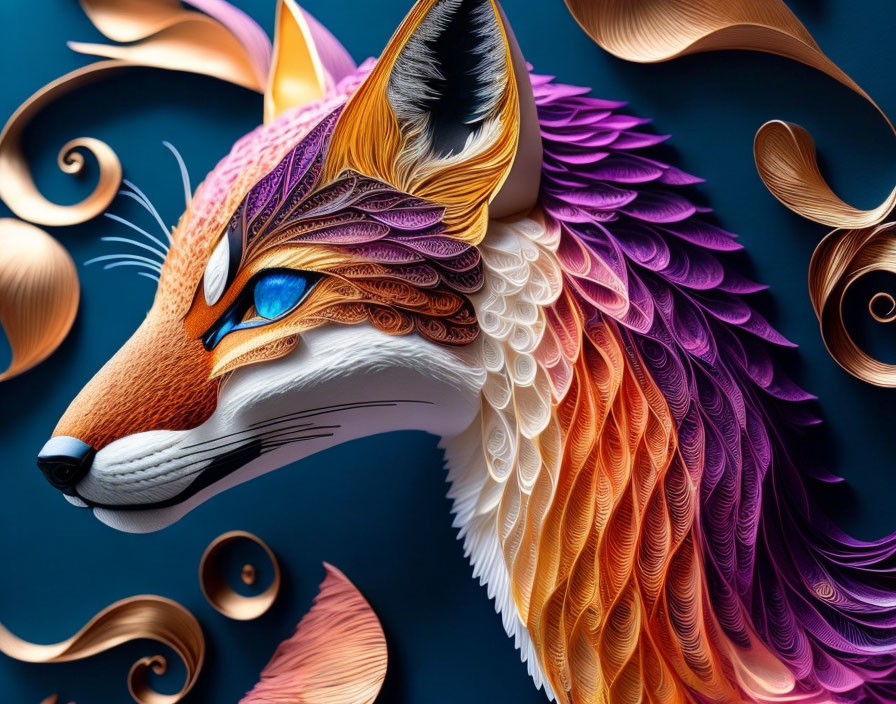 Colorful 3D Paper Art Fox on Dark Blue Background