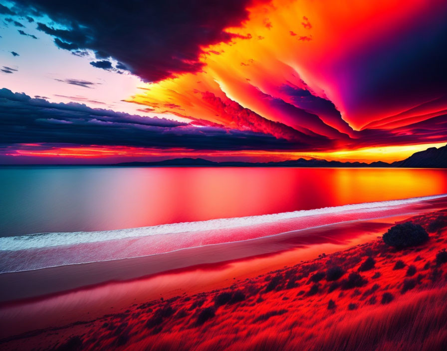 Vibrant red and orange sunset over calm ocean with beach view