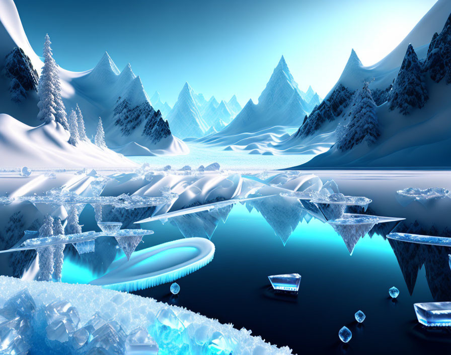 Snow-covered mountains and icy formations in serene landscape