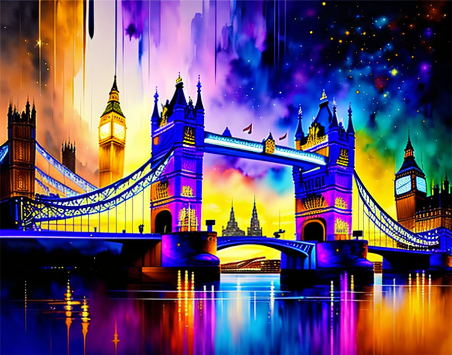 Colorful Artistic Depiction of London's Tower Bridge & Architecture