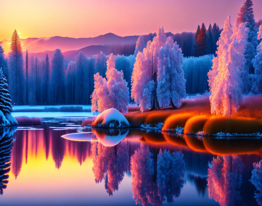 Tranquil sunset scene over snow-covered lake with colorful sky reflections