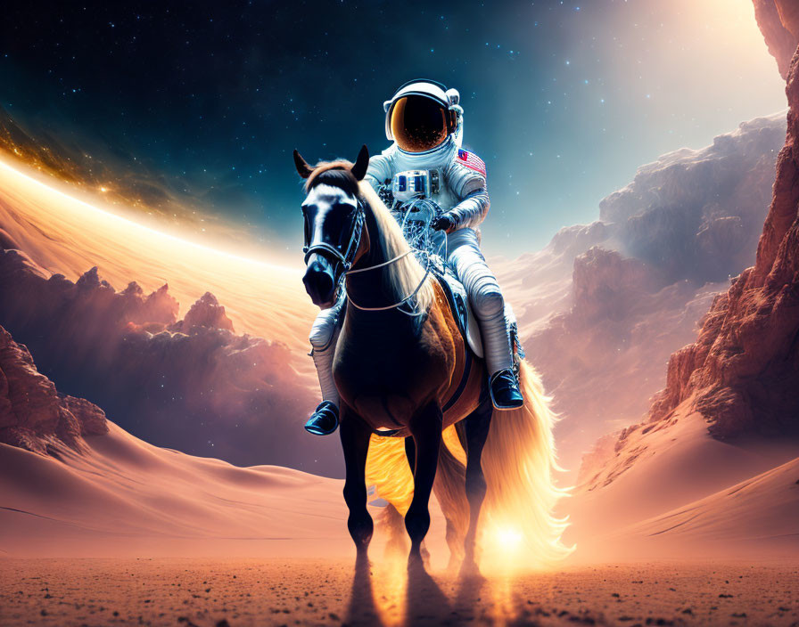 Astronaut on horse in alien desert with fiery trail & cosmic backdrop