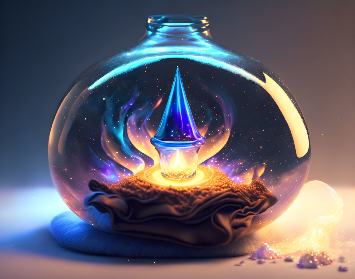 Miniature cosmic scene in mystical glass vessel with glowing flame centerpiece.