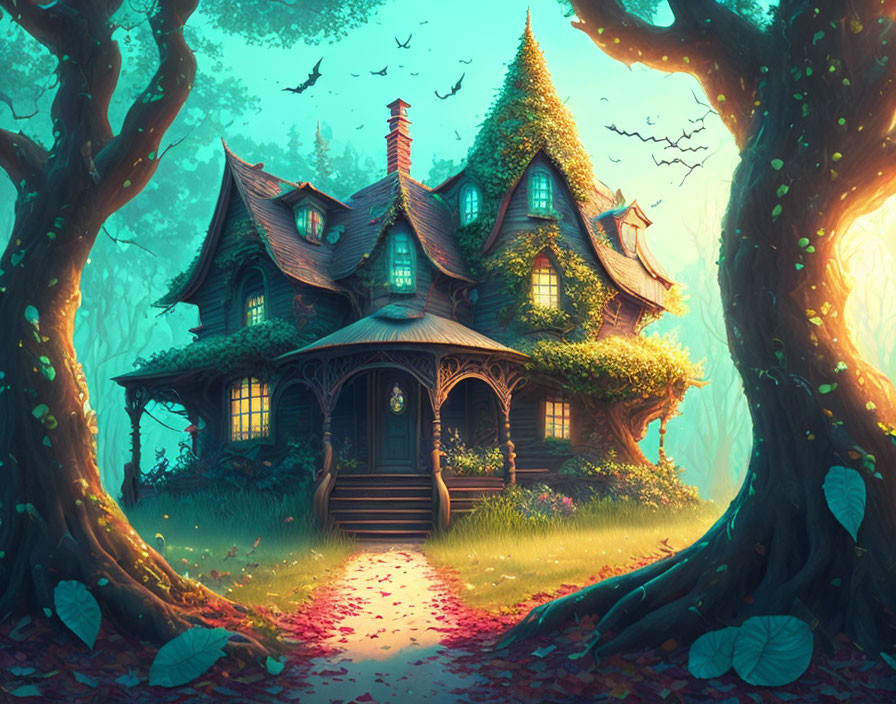 Whimsical cottage in enchanted forest with glowing light