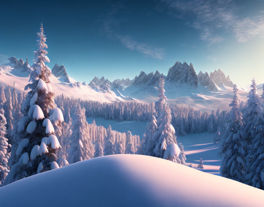 Snow-covered pine trees in serene winter scene.