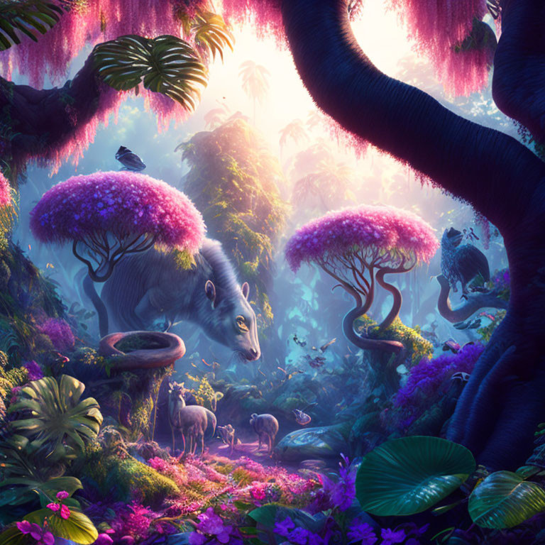 Vibrant pink foliage and mystical creatures in ethereal forest