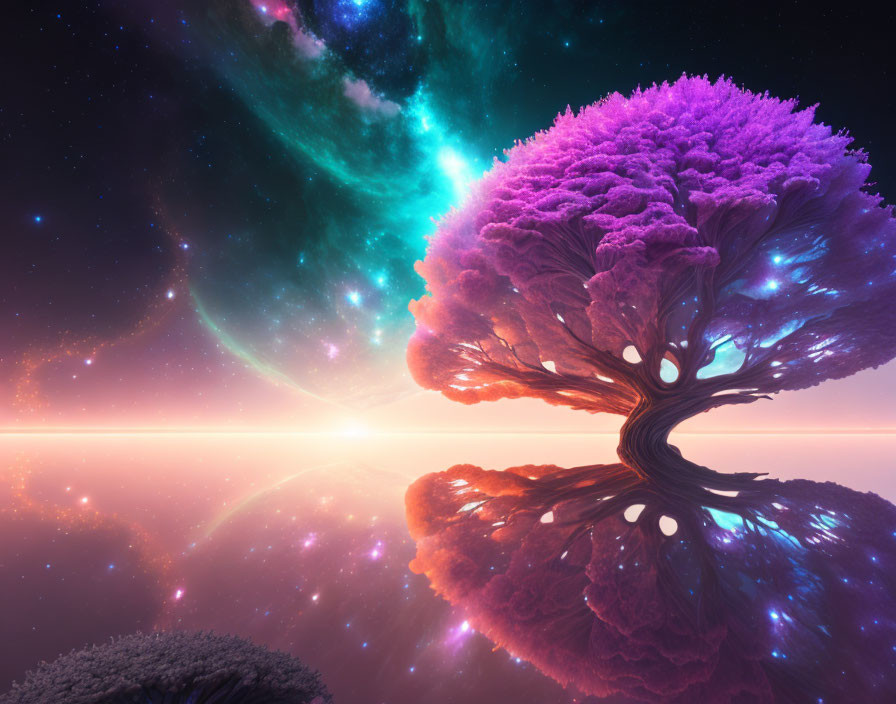 Surreal digital artwork: Colossal tree with purple foliage under starry sky