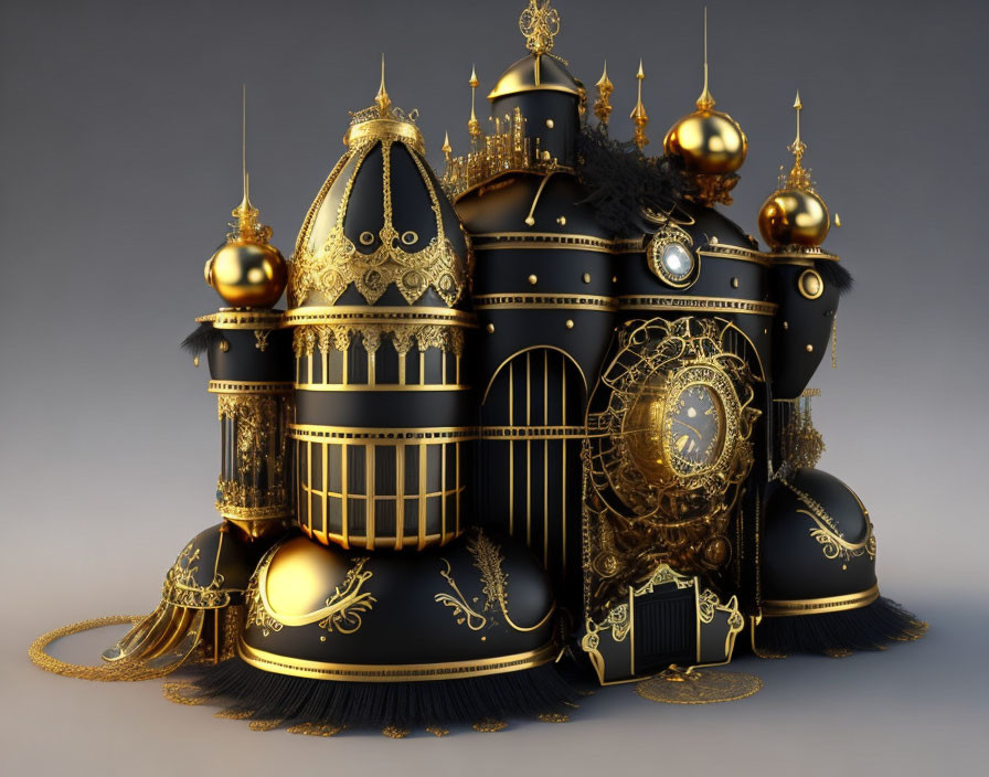 Steampunk-inspired palace with gold detailing and clock elements