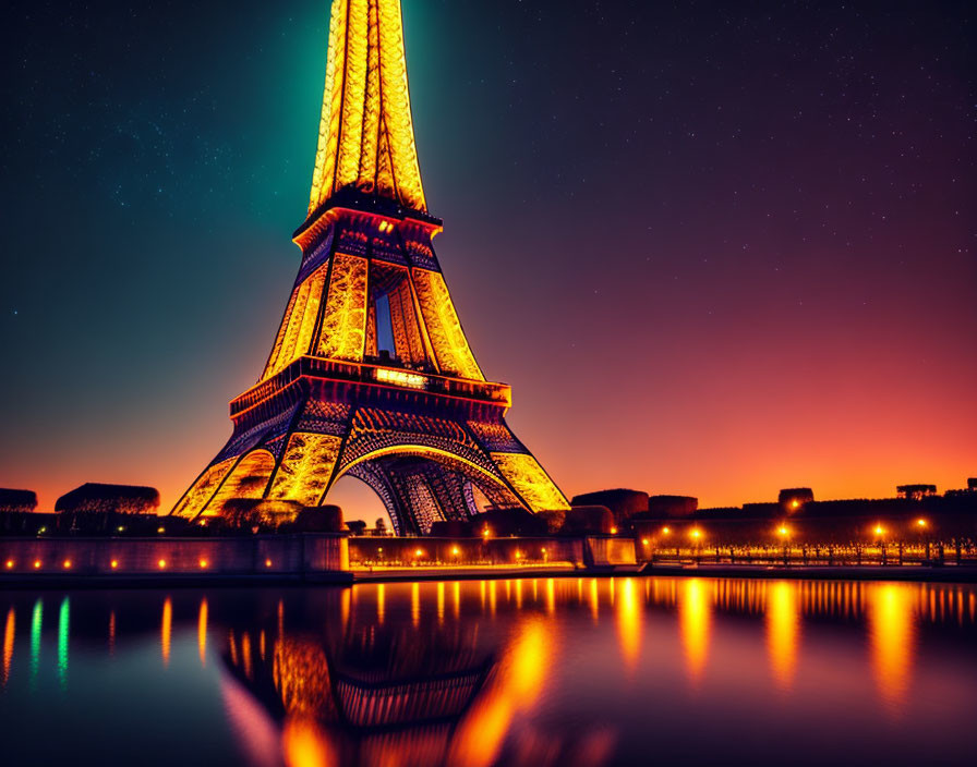 Iconic Eiffel Tower Night Illumination Reflections