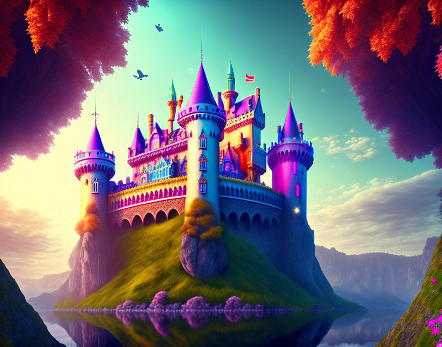 Majestic fantasy castle on rocky cliff at sunset