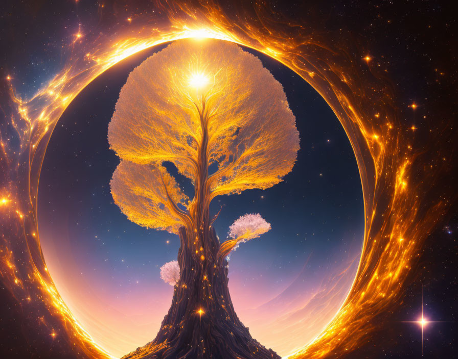 Surreal illuminated tree in fiery cosmic circle on starry space backdrop