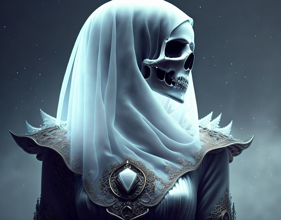 Digital artwork of skull with white veil & ornate shoulder armor on dark backdrop