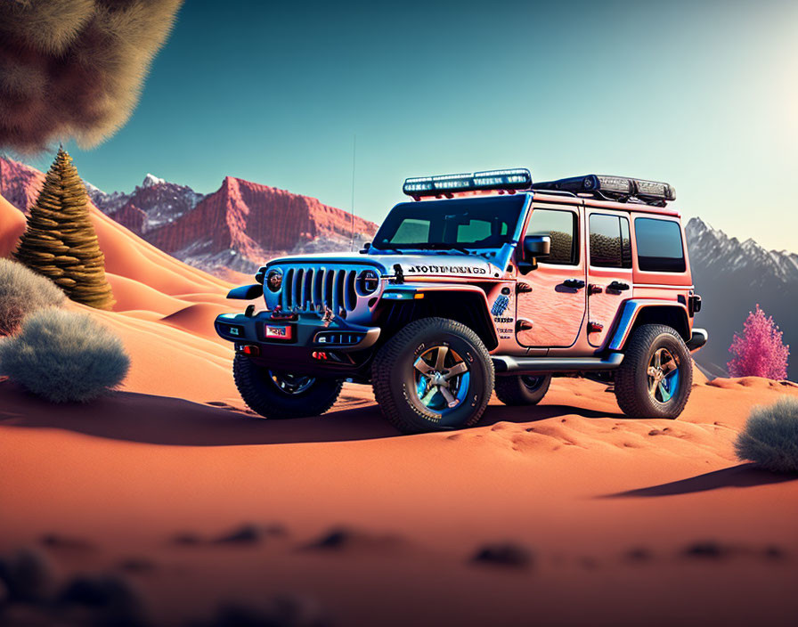 Modified Jeep Wrangler on sand with mountain backdrop under clear blue sky