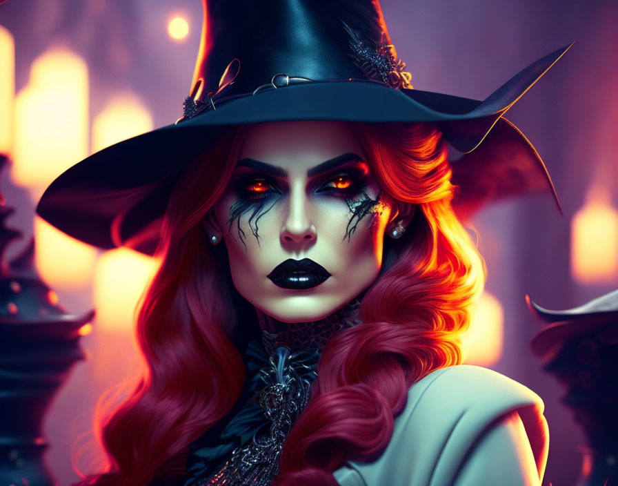 Stylized portrait of person with glowing red eyes in witch attire